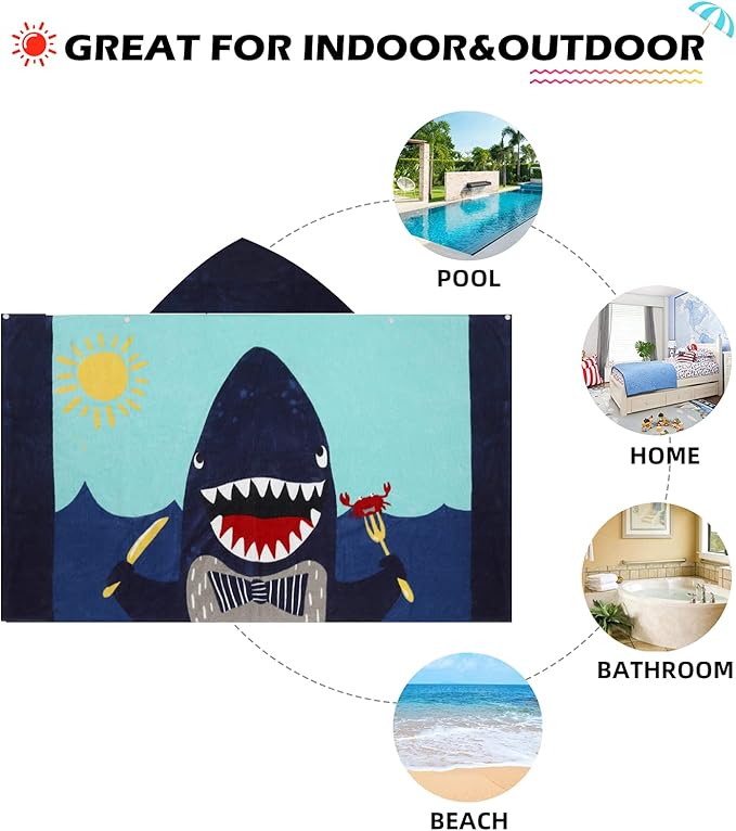 BANGSAUR Kids Hooded Beach Bath Towels, 100% Cotton 50"x30" Wrap Towel, Toddlers Boys 3-12 Years Coverup Towel Shark with Knife and Fork