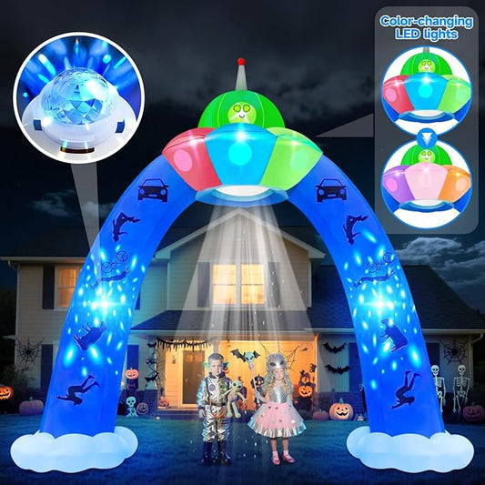 Kalolary 12.5FT Halloween Archway Inflatables, Giant Alien UFO Arch Inflatable with Blue Flashing Lights Scary Halloween Outdoor Blow Up Yard Decoration for Garden Lawn Holiday Party Decors