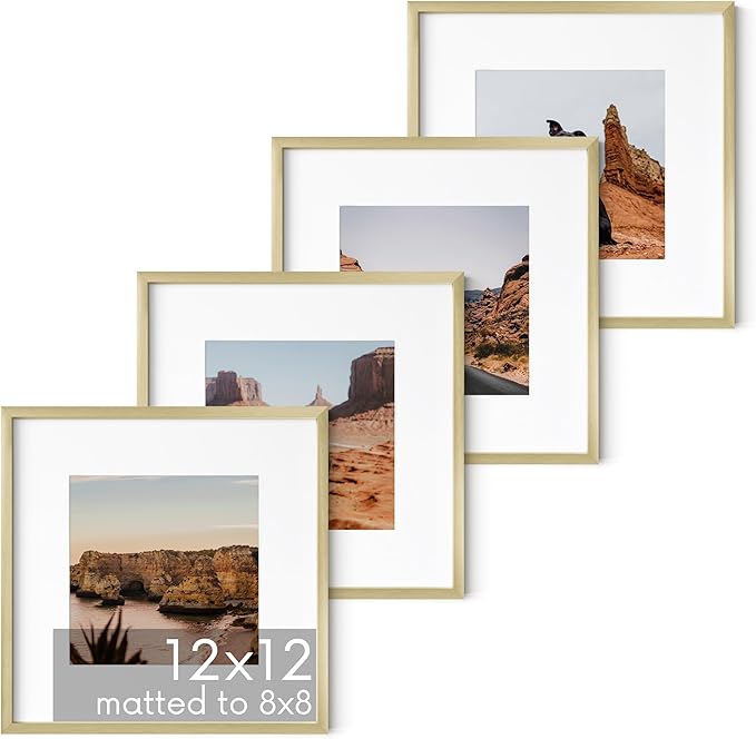 HAUS AND HUES 12x12 Gold Metal Picture Frames Matted to 8x8 - Features Premium Aluminum & Hanging Hardware, Shatterproof Plexiglass - Ideal for Home, Room, Office (12x12 in, Gold, Set of 4)