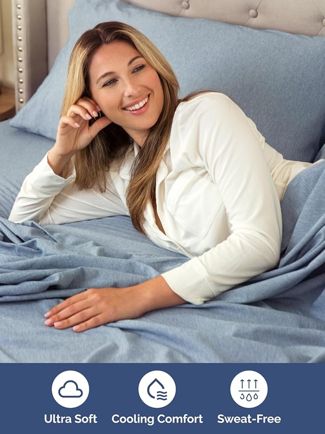 Extra Deep Full Sheet Set - 6 Piece Breathable and Cooling Sheets - Hotel Luxury Bed Sheets Set - Easy Fit - Soft, Wrinkle Free and Comfy Sheets Set - Heathered Blue Sheet Set with Extra Deep Pockets