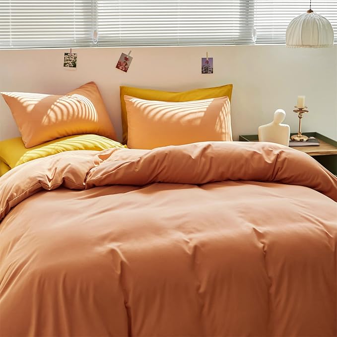 Wellboo Peach Comforter Sets Full Pink Orange Bedding Comforters Solid Grapefruit Color Bedding Cotton Women Girls Light Orange Quilts Modern Minimalist Peach Comforters Plain Coral Pink Bed Luxury