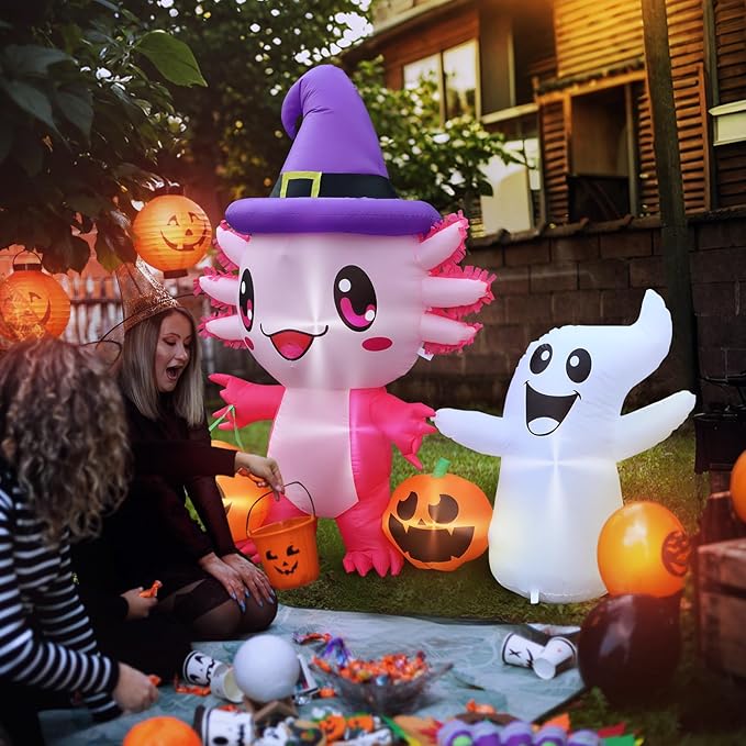 Halloween Inflatable Outdoor Decorations 5.7FT Axolotl Ghost Hold Pumpkin Inflatables Blow Up Yard Decorations with LED Lights Halloween Outside Lawn Party Decor (Axolotl Hold Ghost Inflatables)