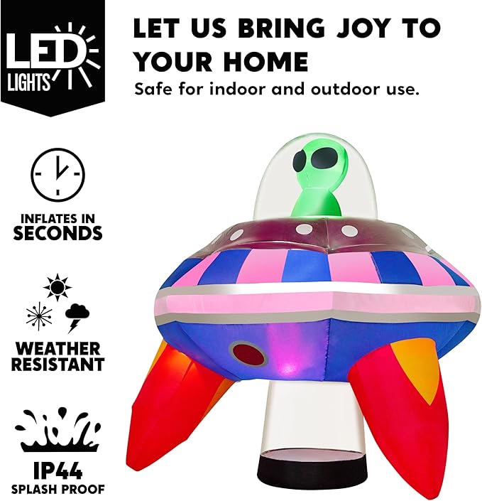 Joiedomi 5 FT Halloween Inflatable Outdoor Decoration, Inflatable Alien Decor Outdoor, Alien Blow Up with UFO Yard Decorations with Colorful LEDs for Halloween Decor