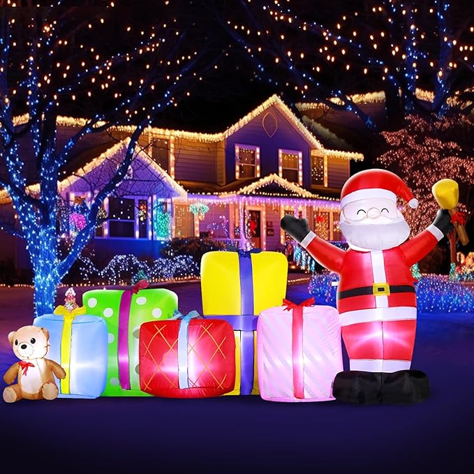 DomKom 8FT Christmas Inflatables Outdoor Decoration, Blow up Gift Boxes Santa Claus Build-in LED Lights for Party Lawn Holiday Winter Decor