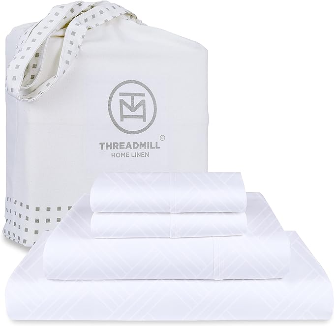 Threadmill Luxury 100% Cotton Queen Bed-Sheets - 800 Thread Count Jacquard Celine Hotel White, Better Than Egyptian Cotton,4 Pc Striped Bed Set, Damask Sheets with 16" Deep Pocket
