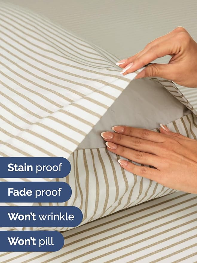 Extra Deep King Sheet Set - 6 Piece Breathable and Cooling Sheets - Hotel Luxury Bed Sheets Set - Easy Fit - Soft, Wrinkle Free and Comfy Sheets Set - Beige Striped Sheet Set with Extra Deep Pockets