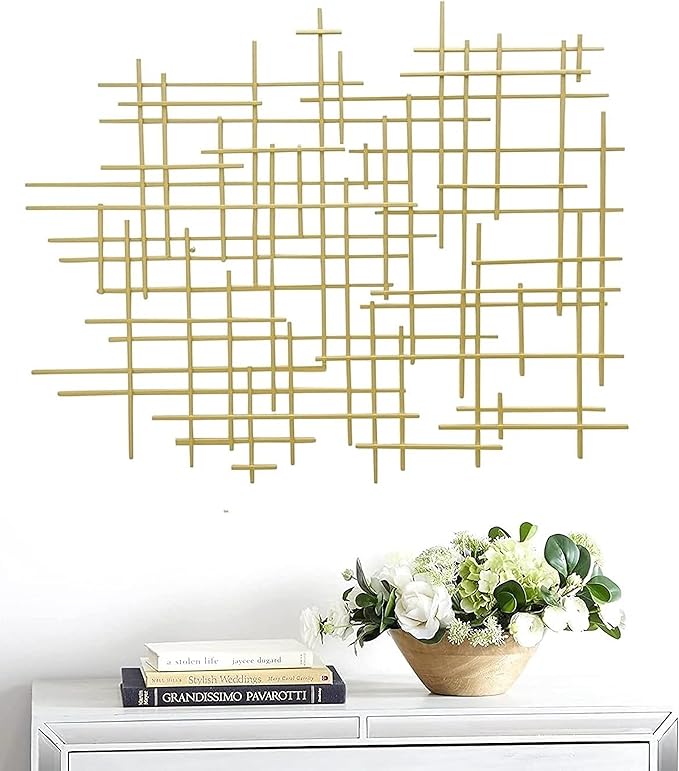 Bellaa 27079 Metal Wall Art Cross Geometric Abstract Modern Contemporary 3D Hanging Wrought Iron Minimalist Sculpture Living Room Outdoor Boho Farmhouse Home Decor Champagne Light Gold Large