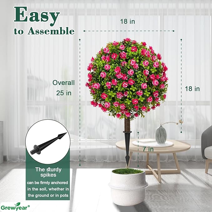 Artificial Topiary Ball with Ground Spike Set of 2, Faux Boxwoods for Outdoor Planters, UV Resistant Artificial Outdoor Plants for Porch, Fake Bushes Round Flower Shrub with Red Rose