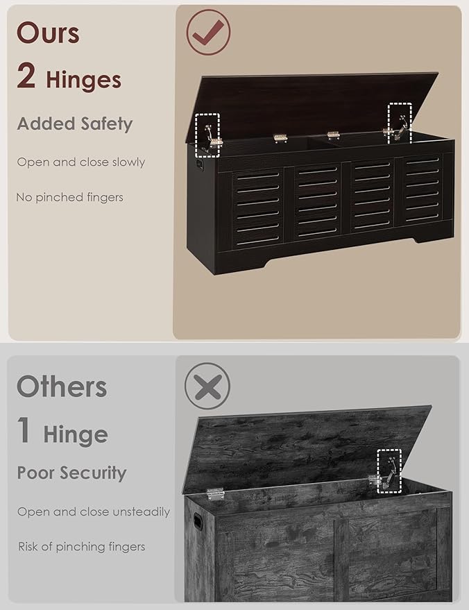 DINZI LVJ Storage Chest, 47.3” Wooden Toy Box with 2 Safety Hinges, Retro Entryway Shoe Storage Bench with Flip-Top, Sturdy Large Storage Trunk for Living Room, Bedroom, Easy Assembly, Espresso