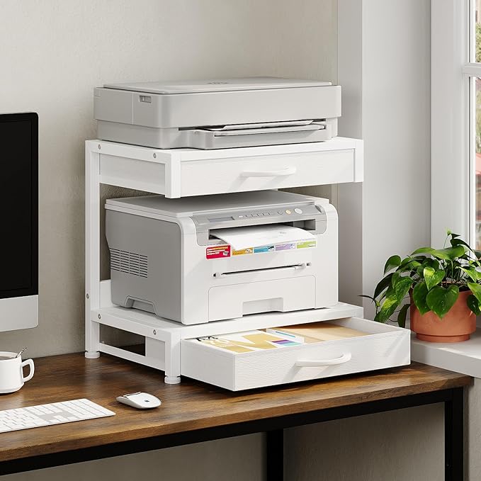 2-Tier Desktop Printer Stand with 2 Fabric Drawers, Prtiner Table with Storage Shelf, Desk Organizer for Home Office,3D Printer,Fax Machine,Scanner (White, 2 Tier)