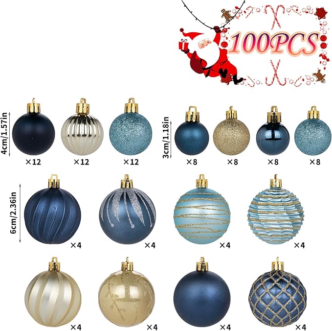 100Pcs Christmas Ball Ornaments Set, Assorted Shatterproof Christmas Ornament, Christmas Tree Theme Hanging Decoration for Xmas Tree Holiday/Party/Home Decor (Blue & Gold)