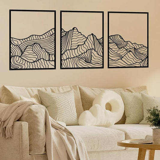 ruelen Wall Decor 3 Pcs Mountain Metal Wall Art, Mountain Line Abstract Minimalist Wall Art Rustic Nature Wall Decor Hanging Sculpture for Home Bedroom Bathroom Living Room (Black)