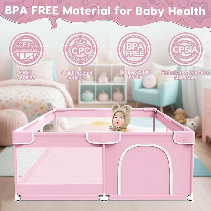 Baby Playpen, Baby Playard for Babies and Toddlers, BabyFence Play Pens for Indoor & Outdoor, Sturdy Safety Play Yard with Soft Breathable Mesh, Anti-Fall, 50 * 50 * 27 inches, Pink