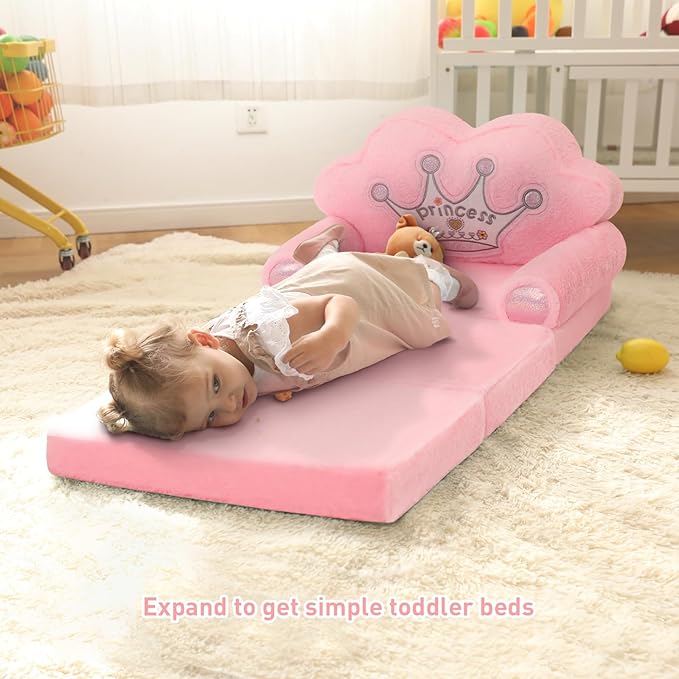MOONBEEKI Toddler Chair Comfy,Foldable Princess Kids Couch for Girl, Toddler Recliners for Kids Over 18 Months, Kids Sofa Bed Fold Out(Pink)