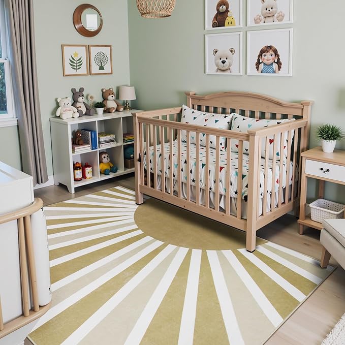 Lahome Rug for Living Room - 5x7 Area Rug Washable Non-Slip Bedroom Carpet Ultra-Thin Cute Soft Kids Nursery Rug, Boho Rainbow Sun Print Non-Shedding Indoor Rugs for Entryway Office (5'x7', Taupe)