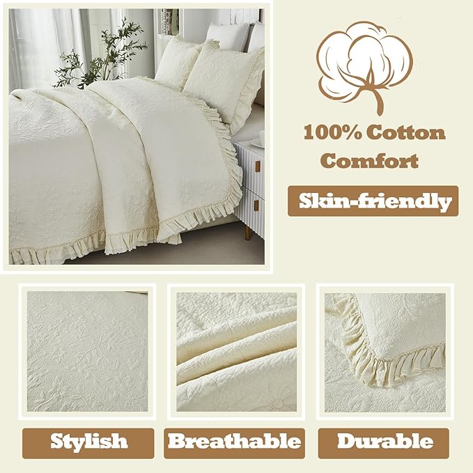 Brandream Cream Yellow White Quilt Set Queen Size Cotton Matelasse Bedding Luxury Ruffle Bedspread 3-Piece