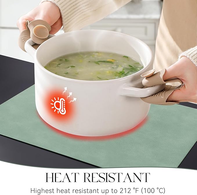 MOSAYT Vinyl Placemats Set of 8-12 X 17 Inch - Faux Leather 100% Waterproof Oil-Proof Wipeable PU Place Mats, Heat Resistant Reversible Table Mats for Kitchen, Dining, Outdoor (Green)