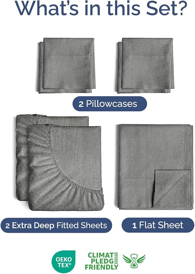 Extra Deep Split King Sheet Set - 7 Piece Breathable & Cooling Sheets - Hotel Luxury Bed Sheets Set - Easy Fit - Soft, Wrinkle Free & Comfy Sheets Set - Heathered Grey Sheet Set w/Extra Deep Pockets