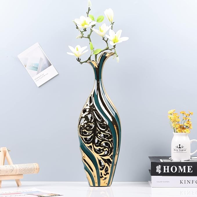 19 inch Tall Floor vase, Green and Gold Ceramic vase, Pottery Decorative vase, Unique Pampas Grass vase Suitable for Living Room Floor, Home Office, Porch Home Centerpiece Decorative Large vase