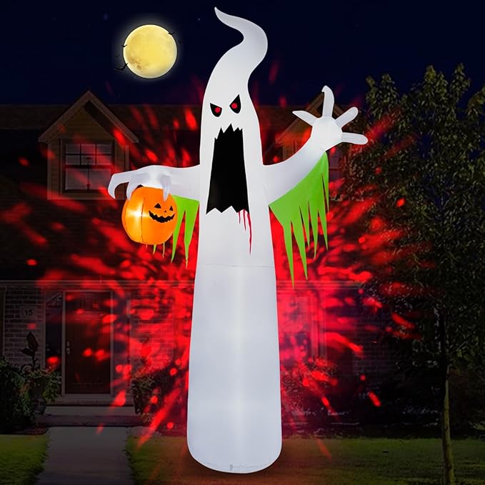 B&D 13FT Halloween Inflatables Outdoor Decorations, Giant White Ghost Inflatable Halloween Decorations Built-in Red LED Flame Light Halloween Blow up Inflatable Ghost for Party Yard Garden Lawn Decor