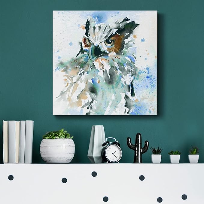 Cute Animals Artwork Abstract Colorful Painting Wall Art on Canvas, Owl On Blue Wall Art, Ready to Hang, 10'' x 10''
