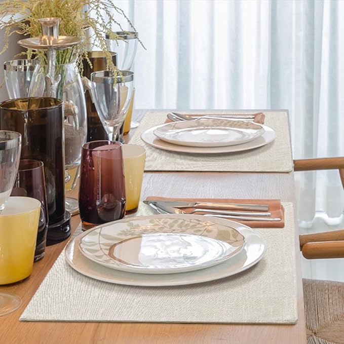 homing Cotton Linen Placemats Set of 6 and Table Runner 90" Long, Cream Washable Cloth Place Mats with Table Runner for Indoors & Outdoors, Easy to Clean