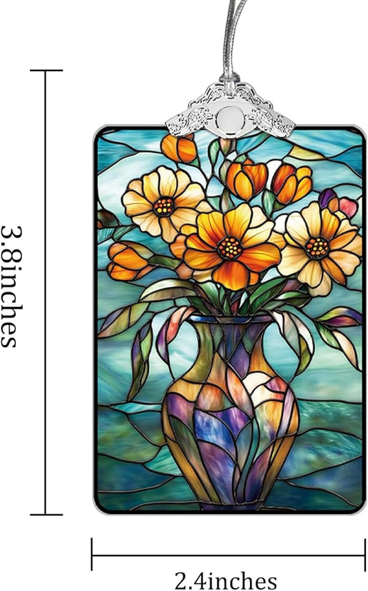 Bouquet in Vase Stained Glass Ornament, 2025 Christmas Tree Hanging Decoration, Ideal Gift or Stocking Stuffer, 3.8 x 2.4 Inch
