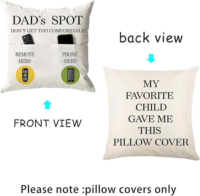 Father's Day Throw Pillow Case, Dad's Spot Throw Pillow Covers 18 x 18 Inch,Dad Gifts from Daughter Son,Birthday Christmas Thanksgiving Day Gifts for Papa Stepdad ,2-Pocket