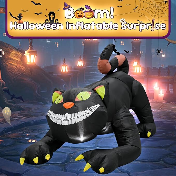 4FT Black Cat Halloween Inflatable Decoration Halloween Scary Blow Up Decor with LED Lights Indoor Outdoor Yard Graden Party Holiday Decoration