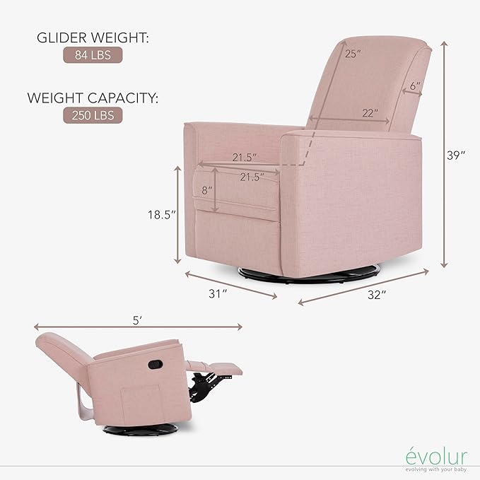 Evolur Glider Swivel Raleigh Upholstered Plush Seating, Rose