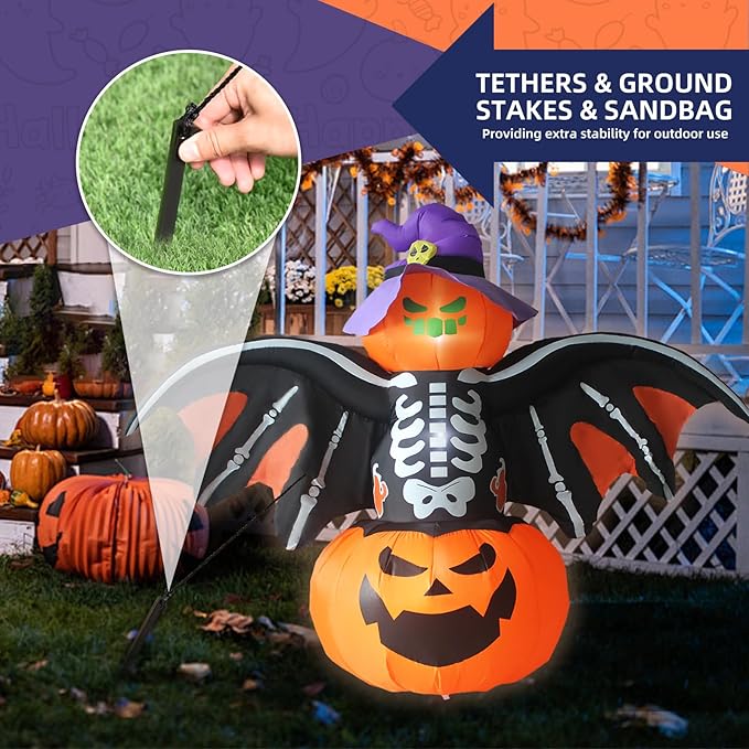 Gardwin 8FT Width Halloween Inflatable Bat Outdoor Decorations, Inflatable Yard Decorations, Blow up Outdoor Halloween Holiday Decor with LED Lights for Home Yard Garden Lawn