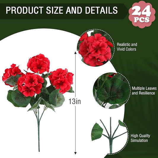 Hananona 24 Pcs Artificial Geranium Flowers for Outdoors Geranium Silk Flowers Outdoor UV Resistant Garden Plants Faux Flowers for Home Kitchen Table Centerpieces Decor (24, Red)