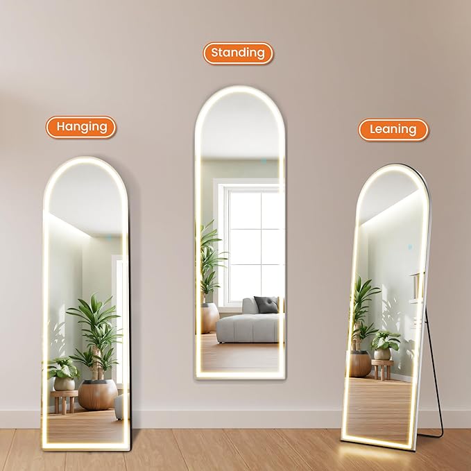 Sweetcrispy Arched Full Length Mirror with LED Lights, 60"x16" Lighted Floor Mirror with Stand, Dimming & 3 Color Lighting, Stand for Bedroom, Dressing Room