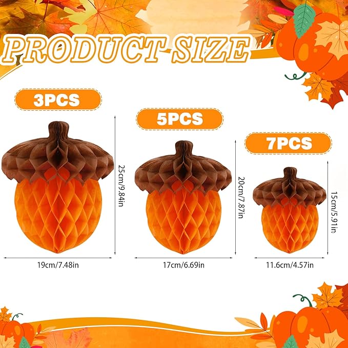 15Pcs Fall Acorn Honeycomb Decorations, Thanksgiving Paper Honeycomb Hanging Ornaments for Autumn Tree Party Favor Supplies Home Decor