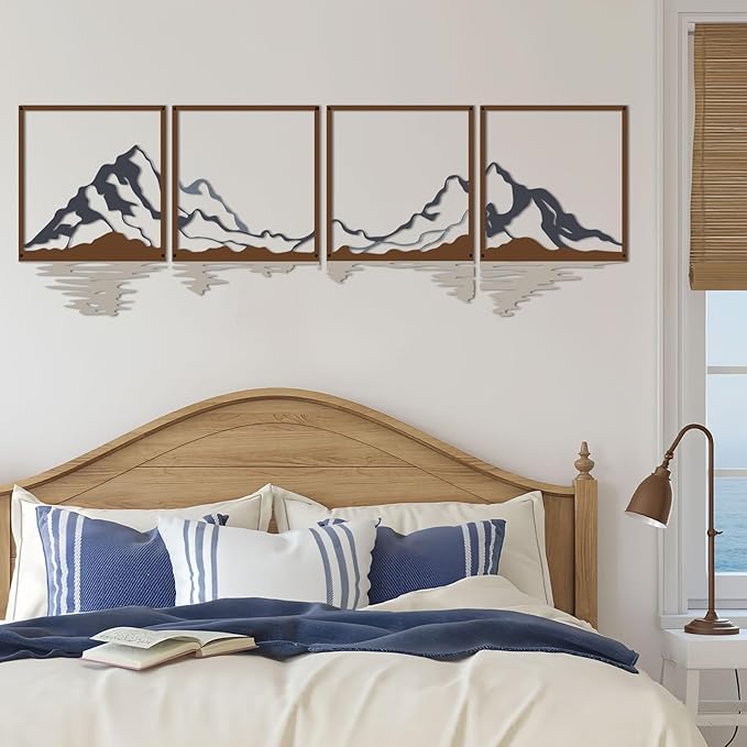 ESTART 4 PCS Metal Mountain Wall Art, Large Mountains Wall Decor, Mountain Forest Decorative Painting Suitable For Living Room Bedroom Office Indoor And Outdoor