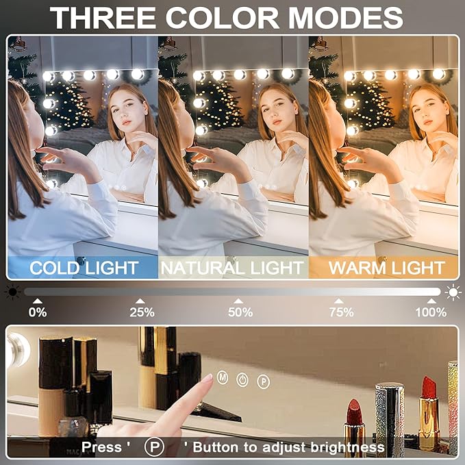 Kottova Vanity Mirror with Lights,23×18" Makeup Mirror,Hollywood Mirror with 15 LED,3 Color Modes & Detachable 10X Magnification Mirror,Slim Metal Frame Design,Smart Touch Control,Plug in