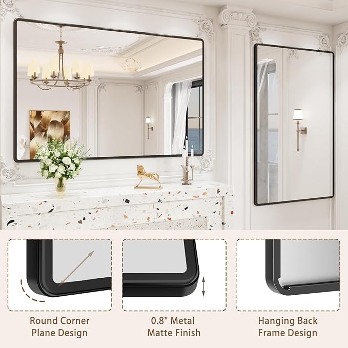 New Upgrade 60X40 Inch Wall Mounted Bathroom Mirror, Black Metal Frame Rounded Rectangle Mirror, Bathroom Vanity Mirror with Tempered Glass for Washroom Bedroom Living Room