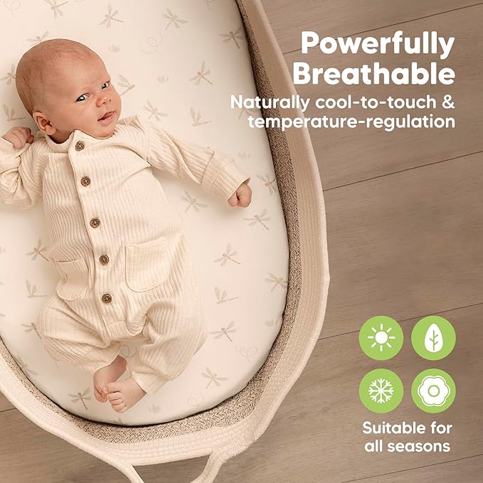 2-Pack Baby Bassinet Sheets Girl, Boy - Viscose Derived from Bamboo Fitted Bassinet Sheets Compatible with Halo Bassinest Swivel Sleeper, Baby Delight, Graco Bedside Bassinet Mattress Sheet (Meadow)