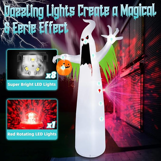 B&D 13FT Halloween Inflatables Outdoor Decorations, Giant White Ghost Inflatable Halloween Decorations Built-in Red LED Flame Light Halloween Blow up Inflatable Ghost for Party Yard Garden Lawn Decor