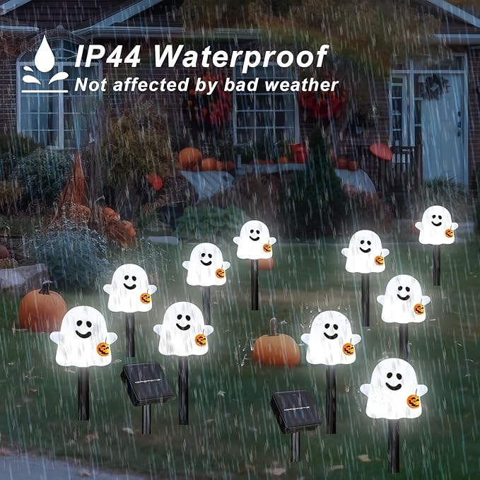 Solar Halloween Ghost Pathway Lights, 10 Pack Ghost Stake Lights with Pumpkin Design, Durable Waterproof Outdoor Halloween Decoration for Garden, Walkway, and Yard (Cold White)