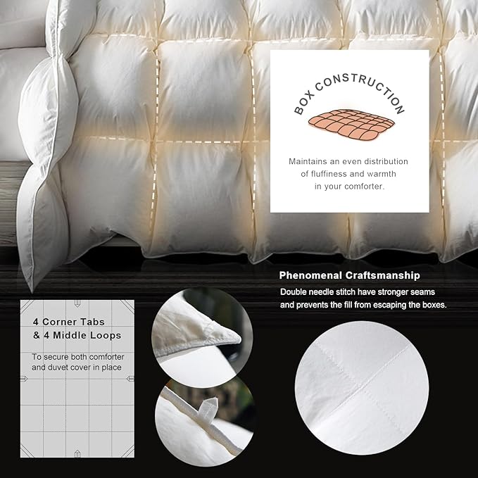 Royoliving Premium Feathers Down Duvet Insert Comforter Queen Size Heavyweight Thickened Winter White 100% Cotton Cover with Corner Tabs (90x90, 60 oz)