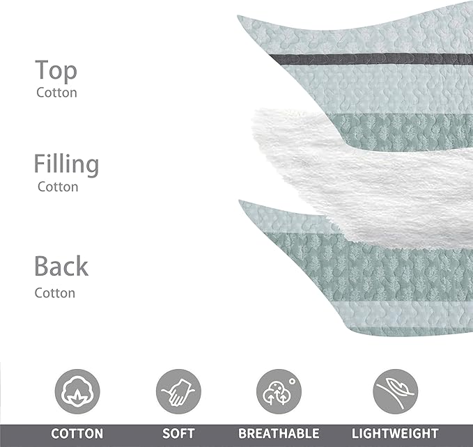 Homzard Quilts Queen Size,Cotton Queen Comforter Set,Mint Green Grey Bed Set,Striped Bedding,Lightweight Bedspreads All Season 3 Piece