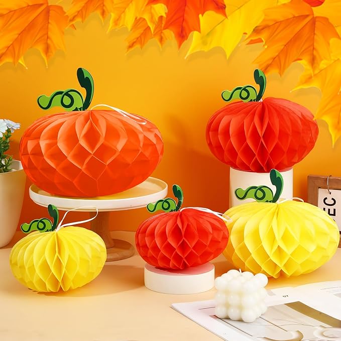 15PCS Pumpkin Honeycomb Decorations, Orange Red Yellow Honeycomb Fall Hanging Ornaments for Autumn Thanksgiving Party Favor Supplies