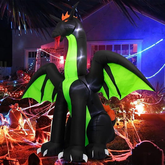 Halloween Inflatables 9FT Giant Inflatable Dragon Halloween Decorations with Wings, Built-in LEDs Halloween Blow Up Yard Decorations for Outdoor Indoor Party Garden Lawn Decor