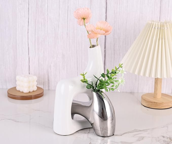 Intertwining Vase Set Snuggle Hollow Ceramic Vase Set of 2 White and Silver Vase Modern Boho Home Decor for Neutral Minimalist Vase for Dining Room Table Centerpiece Dining Room,Wedding Table Deco