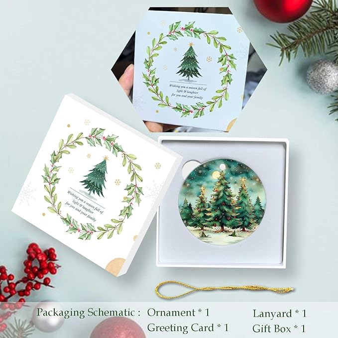 Christmas Tree Forest Ornaments Round Ceramic Ornament Christmas Keepsake Decor for Xmas Tree Winter Holiday Xmas Gift for Women Men Hanging Ornament 3"