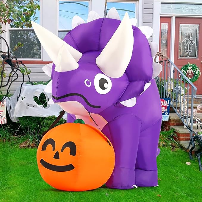 GOOSH 5 FT Width Halloween Inflatables Dinosaur Outdoor Decorations Blow Up Yard Dinosaur with Pumpkin with Built-in LEDs for Garden Lawn Indoor Party Decor