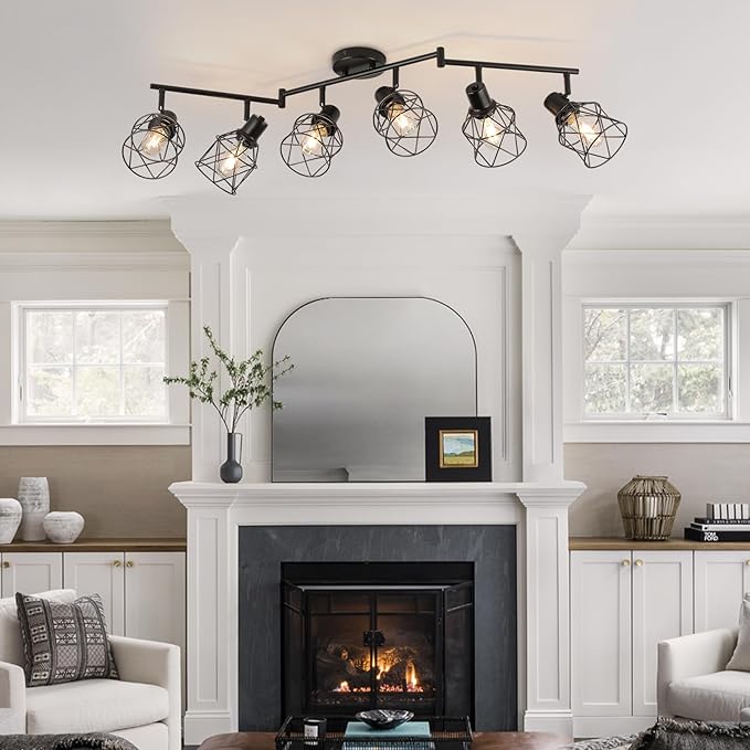 WILON Track Lighting Kit 6 Way Ceiling Spotlight-Industrial Flush Mount Ceiling Light Black Kitchen Ceiling Light Fixtures Kitchen Track Lighting Flexibly Rotatable Light Head E26 Base