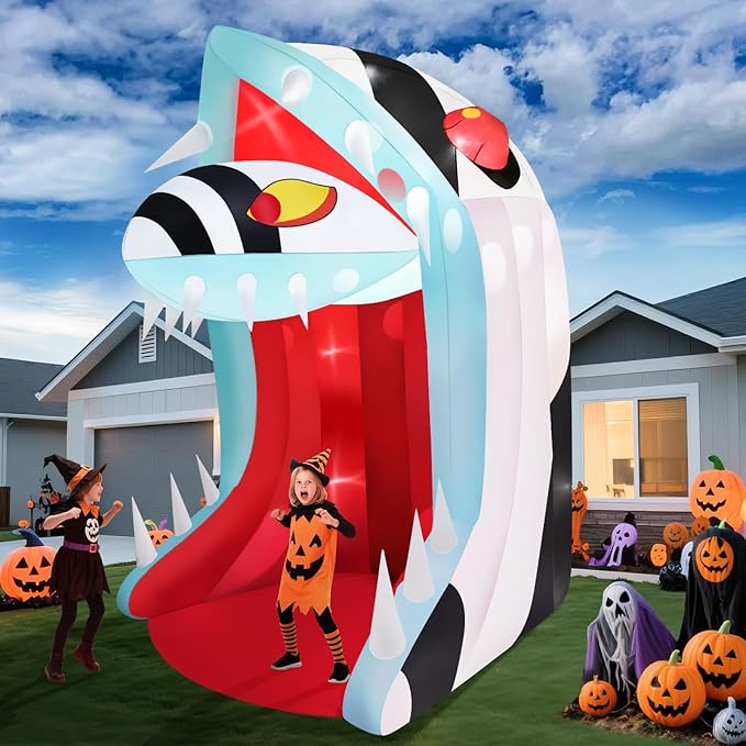 10FT Halloween Inflatable Snake Head with LED Light, Kalolary Halloween Outdoor Decoration with Open Mouth and Sharp Teeth, Halloween Inflatable Archway Halloween Snake Blow up Yard Decor for Home