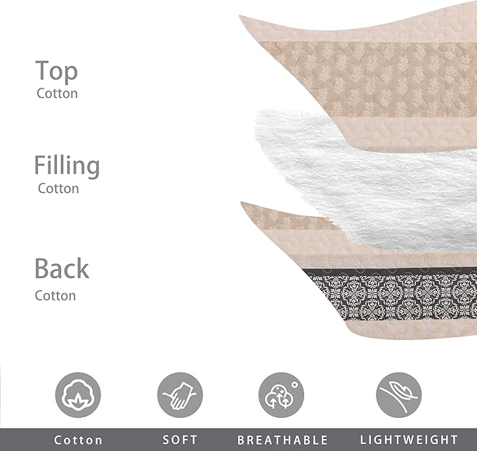 Homzard Quilts Queen Size, Cotton Comforter Set, Beige and Grey Queen Bed Set, Lightweight Striped Bedding, Farmhouse Reversible Bedspread All Season 3 Pieces